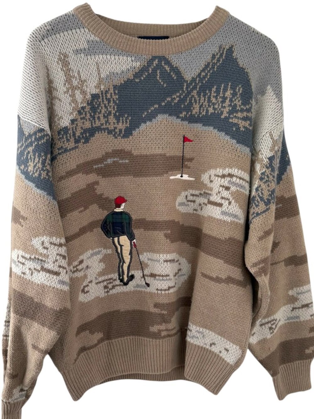 Vintage 90s Golf Crewneck Sweater L Tan All Over Golfing Theme Print Wool Blend